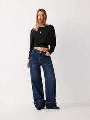 Washed Denim Low Rise Metal Detail Wide Leg Jeans