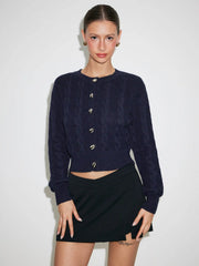 Cable Knit Round Neckline Metal Detail Cardigan