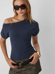 Textured Asymmetrical Neck Short Sleeve Metal Detail Top