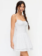Cotton-blend Broderie Anglaise V-neck Lace Up Ruched A-line Mini Dress