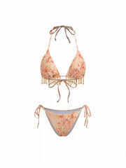 V-neck Abstract Tie Dye Triangle Bikini Set With Bead Fringe