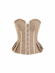Cotton-blend Plaid Pleated Shirred Lettuce Trim Bandeau Crop Top