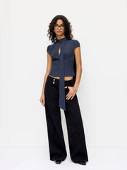 Striped Stand Collar Cut Out Blouse With Scarf