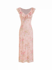 Floral V-neck Ruffled Sleeve Straight Midi Dress