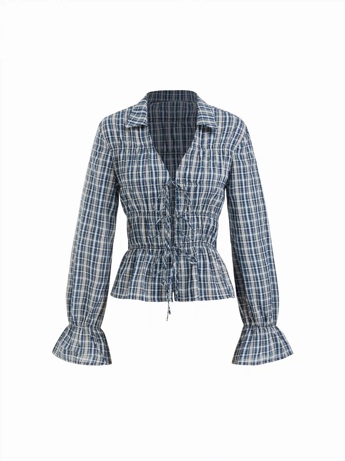 Cotton-blend V-neck Ruffle Sleeve Plaid Tie Front Shirred Blouse