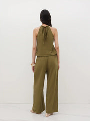 Linen-blend Mid Rise Elastic Waist Wide Leg Trousers