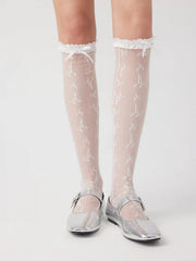 BOWKNOT CRIMPED TRIM LACE OVER THE KNEE SOCKS