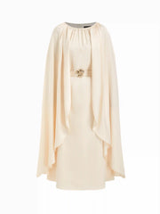 Satin Cape Sleeve Belted Maxi Dress With Metal Detail