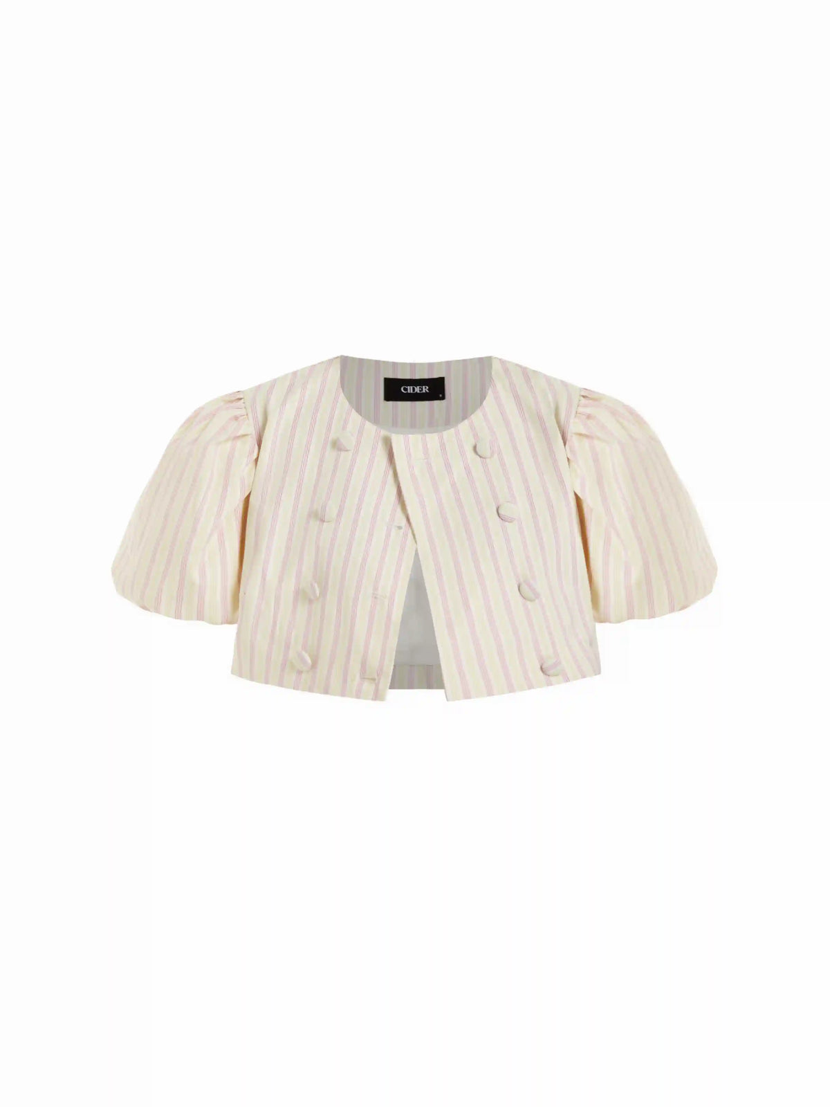 Cotton-blend Striped Puff Sleeve Crop Blouse