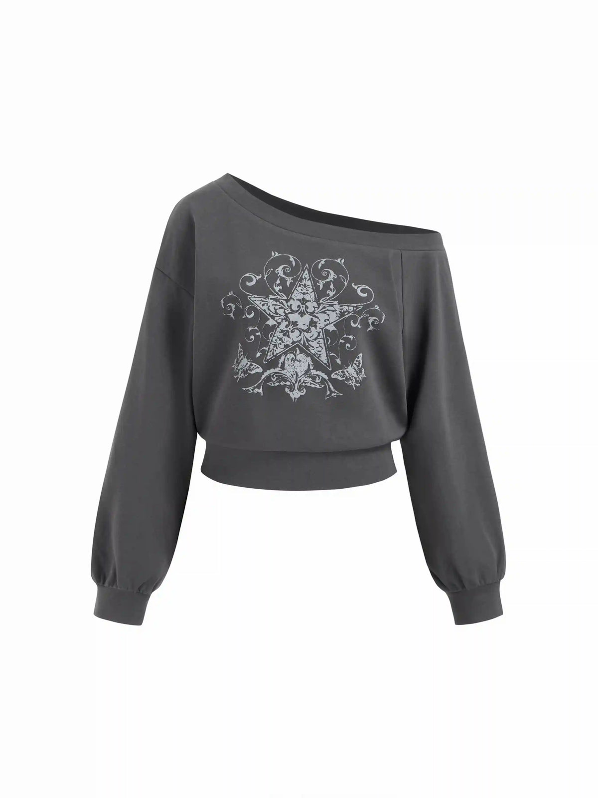 Terry Asymmetrical Neck Star Graphic Crop Sweatshirt