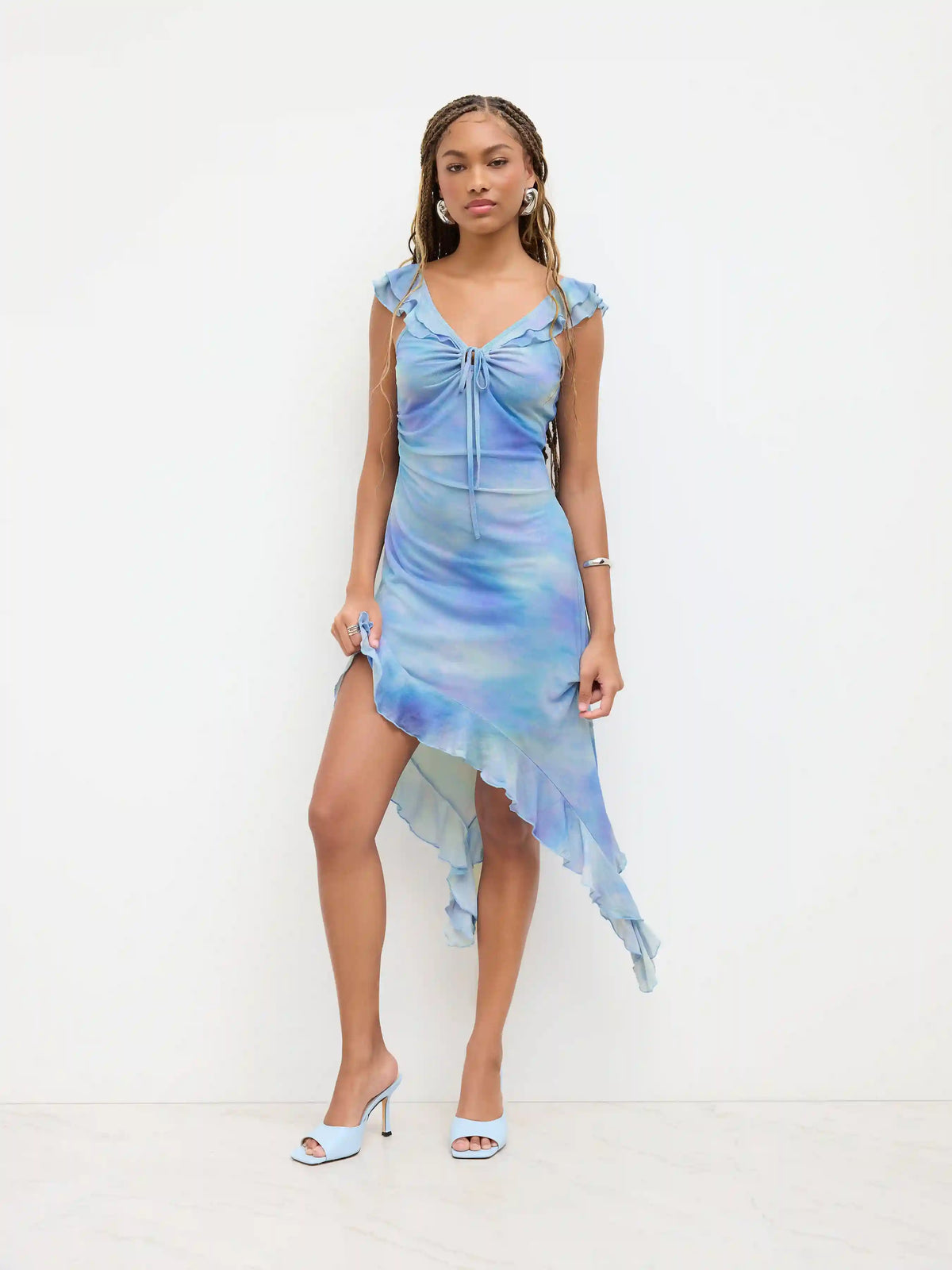 Mesh V-neck Abstract Cut Out Knotted Asymmetrical Ruffle Hem Maxi Dress