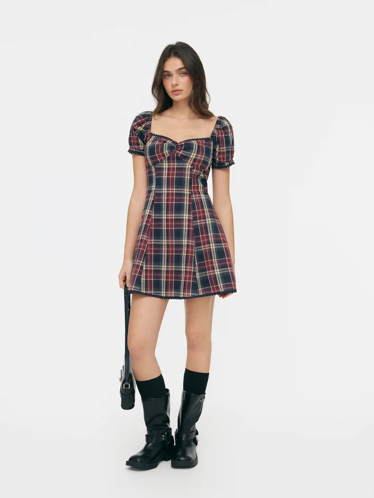 Cotton Sweetheart Neck Puff Sleeve Plaid A-line Mini Dress