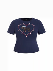 Cotton-blend Heart & Dog Graphic Embroidery Short Sleeve Top Curve & Plus
