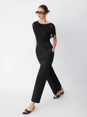 Mesh Boat Neck Ruched Mid Rise Straight Leg Jumpsuit