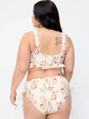 Floral V-neck Ruffle Hem Tie Front Bracelet Top & Mid Rise Bikini Bottom Set Curve & Plus