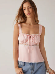 Satin Square Neck Drawstring Lace Trim Tank Top