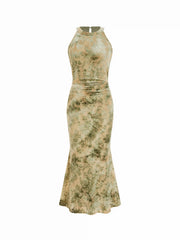 Velvet Halter Neckline Floral Ruched Maxi Dress