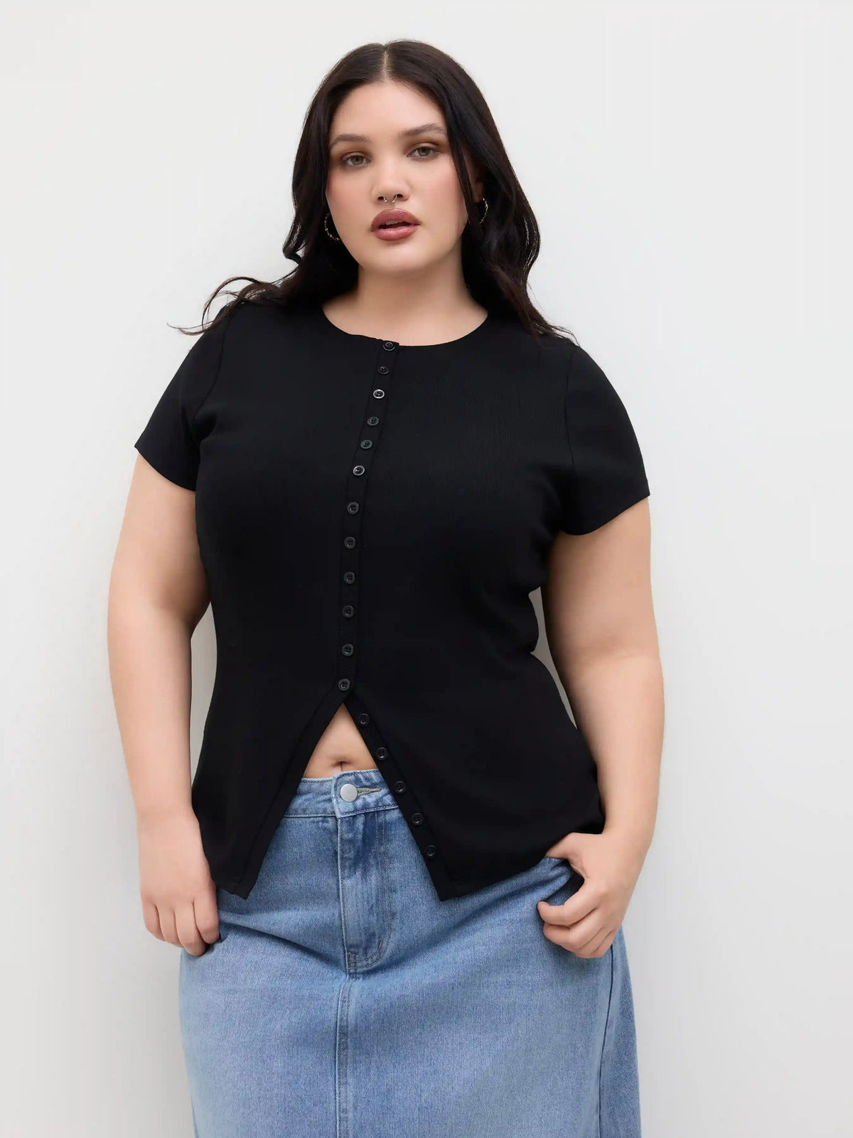Cotton-blend Button Up Split Top Curve & Plus