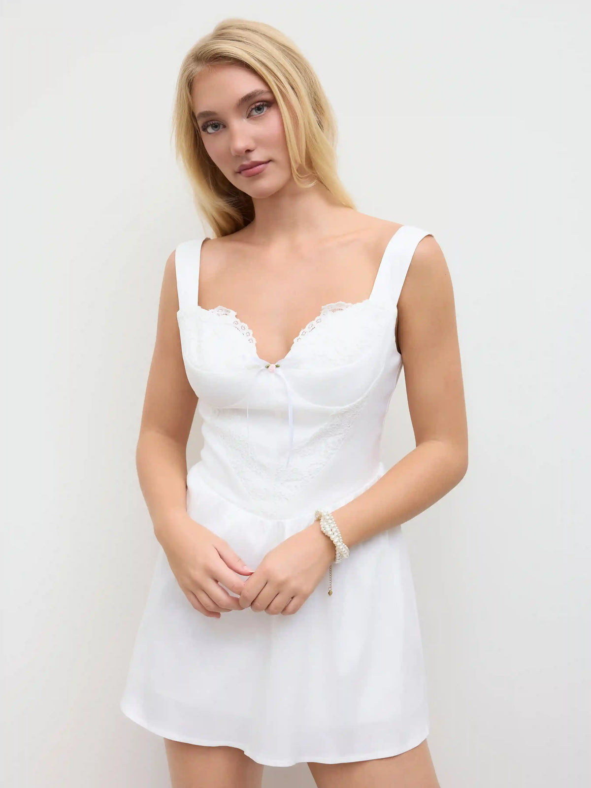 Satin Bowknot Lace Trim Mini Dress