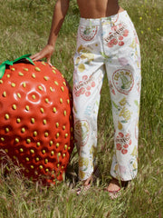 Cotton Mid Rise Fruit Cat Graphic Barrel-leg Trousers