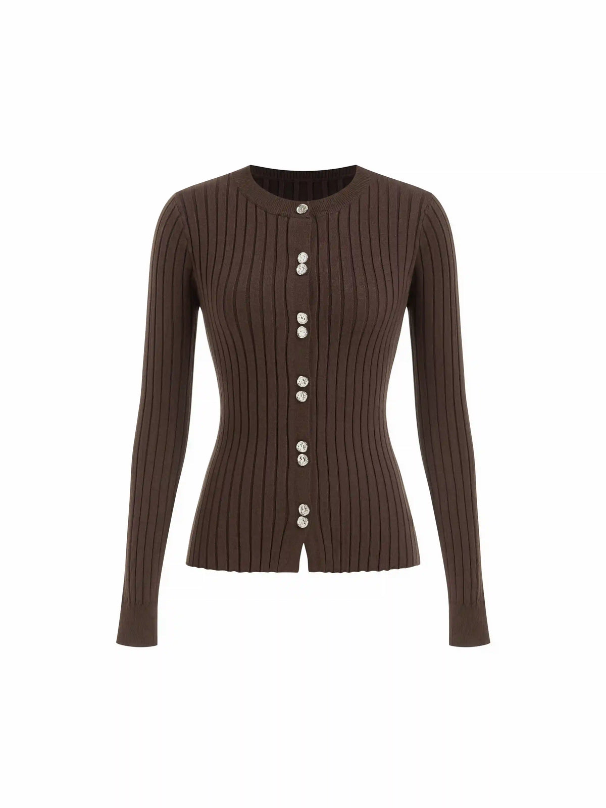 Knit Round Neckline Ribbed Top With Metal Button