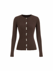 Knit Round Neckline Ribbed Top With Metal Button