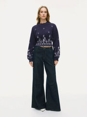 Knit Floral High Neck Lantern Sleeve Crop Top