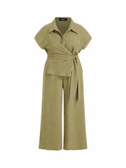 Textured Short Sleeve Draped Wide Leg Jumpsuit Curve & Plus