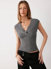 Knit V-neck Short Sleeve Twist Top