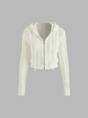 Knit Hooded Zipper Hollow Out Cardigan