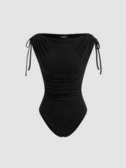 Asymmetrical Neck Drawstring Ruched Bodysuit
