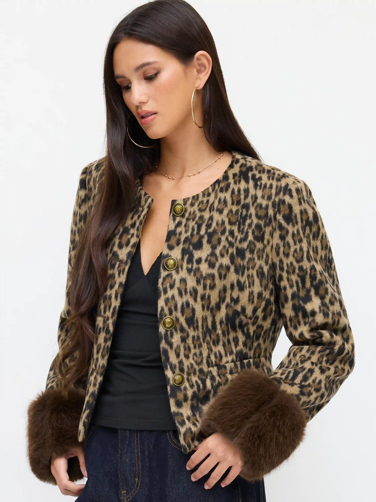 Wool-look Leopard Long Sleeve Faux Fur Trim Metal Button Jacket