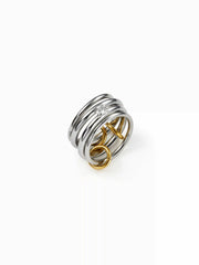 4PCS ZIRCON & TWO-TONE HOOP 18K GOLD PLATED STAINLESS STEEL RING SET