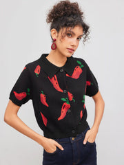 Knit Collar Pepper Button Short Sleeve Top