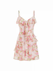 Chiffon Floral V-neck Ruffled A-line Mini Dress