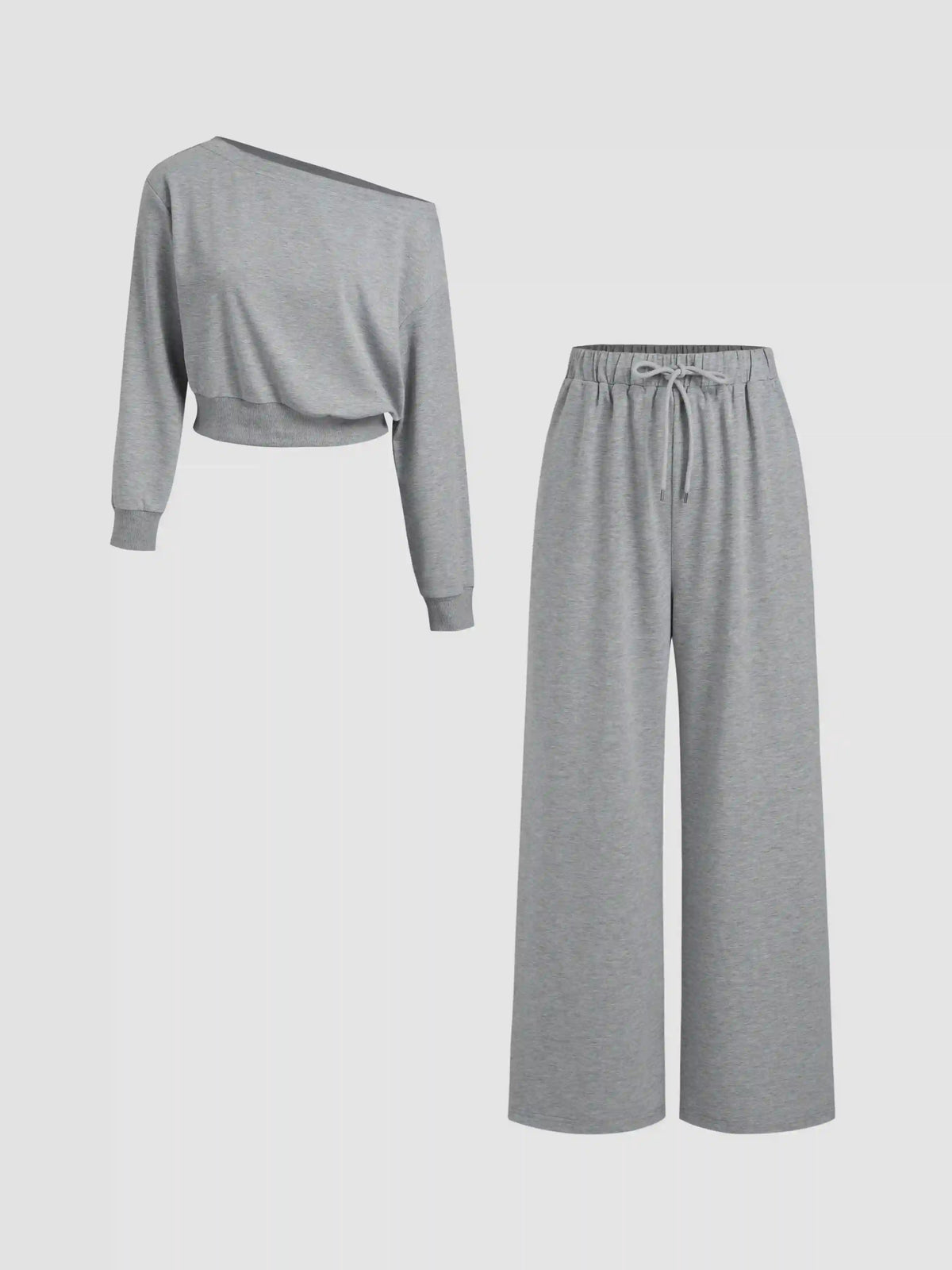Terry Asymmetrical Neck Solid Long Sleeve Crop Top & Mid Rise Elastic Waist Knotted Wide Leg Trousers Set