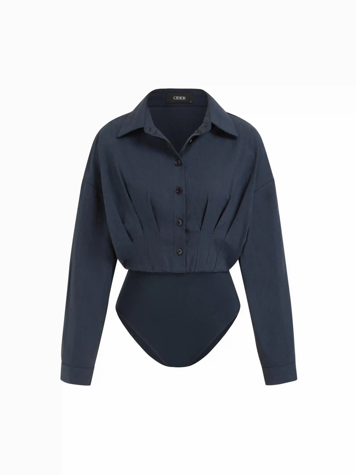 Cotton-blend Collar Ruched Long Sleeve Bodysuit