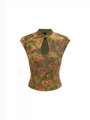 Velvet Floral Stand Collar Short Sleeve Cut Out Slim Tee