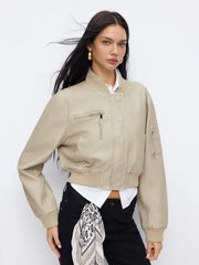 Stand Collar Zip Through Faux Leather Bomber Jacket