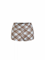 High Stretch Plaid Halter  Triangle Top & Mid Rise Bikini Shorts 3 Piece Bikini Set