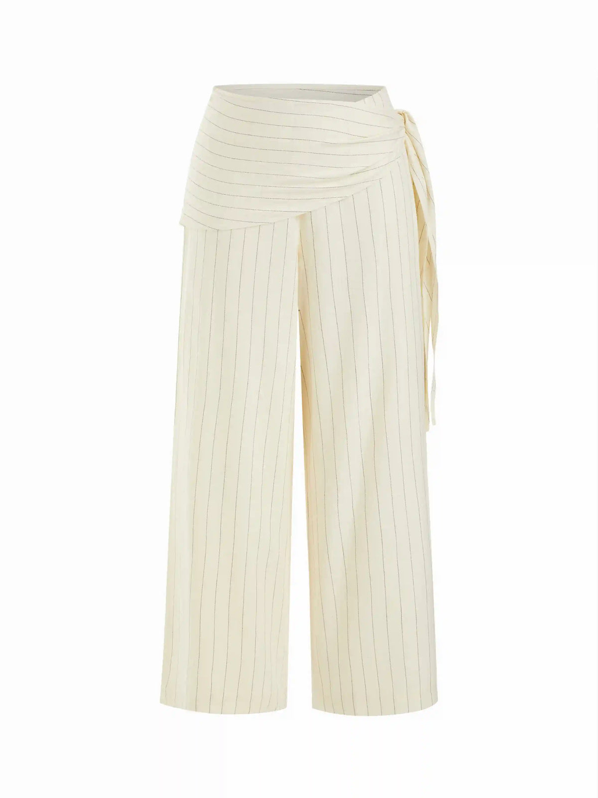 Linen-blend Striped Mid Rise Wide Leg Trousers With Wrap Waist Scarf
