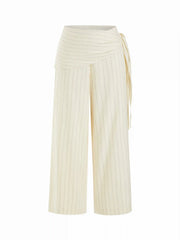 Linen-blend Striped Mid Rise Wide Leg Trousers With Wrap Waist Scarf
