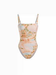 Square Neck Fruit & Landscape Graphic One-piece Swimsuit
