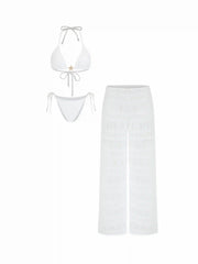 Halter Neckline Metal Detail Tie Side Bikini Set With Cover Up Pants