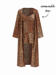 Three-piece Satin Leopard Print V-neck Cami Top & Mid Rise Loungewear Shorts & Robe With Belt