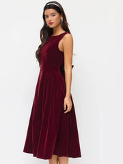 Velvet Boat Neck Bowknot Backless Midi Dress