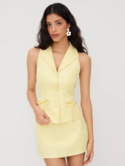 Jacquard Collar Bowknot Vest & Mid Rise Mini Skirt Set