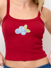 Cotton-blend Fruit Applique Square Neckline Slim Top