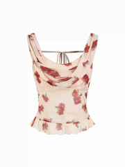 Mesh Cowl Neck Floral Knotted Backless Top