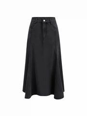 Washed Denim Metal Detail High Rise A-line Maxi Skirt